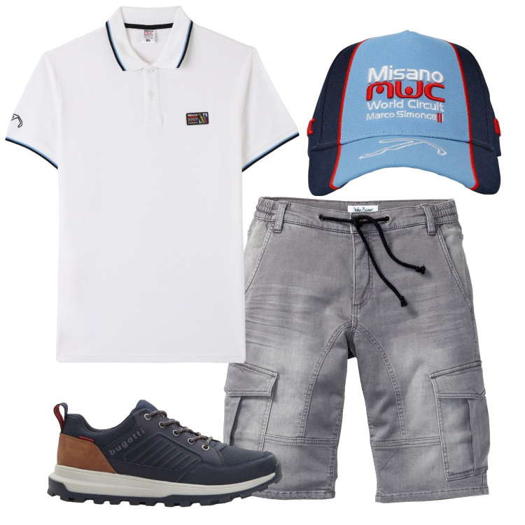 Outfit uomo - Sportivamente 2. Stile Trendy per Tutti i giorni. Abbinamento con bermuda, sneakers, polo, cappelli.