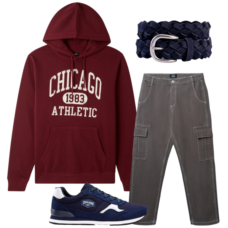 Outfit uomo - La felpa con il cappuccio. Stile Trendy per Tutti i giorni. Abbinamento con sneakers, pantaloni cargo, felpe con cappuccio, cinture.