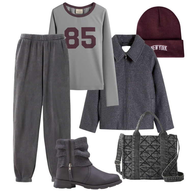 Outfit donna - Sfumature di grigio in città. Stile Casual per Tutti i giorni. Abbinamento con stivaletti, blazer, maglieria, borse a mano, pantaloni, berretti.