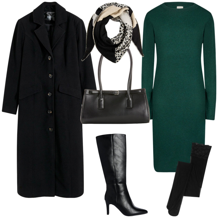 Outfit donna - Total look #2254595. Stile Minimal per Ufficio. Abbinamento con cappotti, borse a mano, collant, foulard, stivali sopra il ginocchio, vestiti midi/longuette.