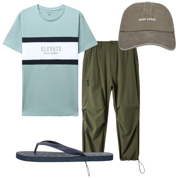 Outfit uomo - Ancora estate. Stile Trendy per Tutti i giorni. Abbinamento con cappelli con visiera, sandali, t-shirt, pantaloni.