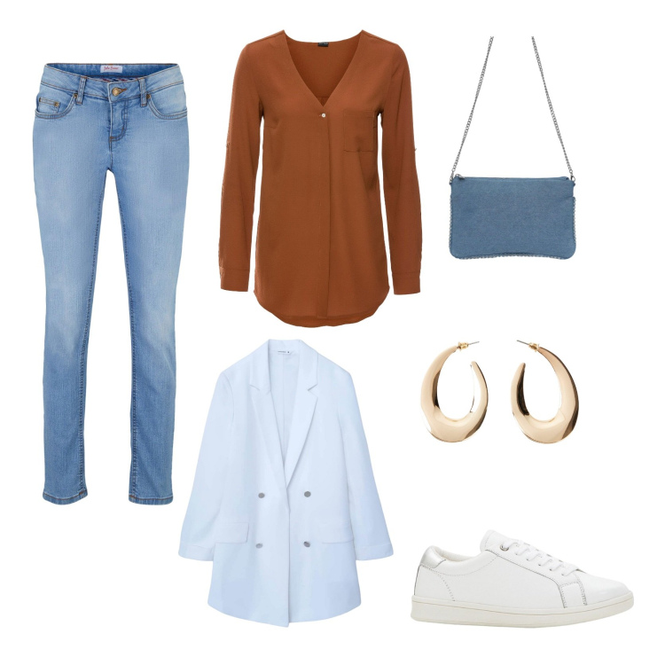 Outfit donna - Total look #2254598. Stile Casual per Tutti i giorni. Abbinamento con camicie, sneakers, jeans skinny, orecchini, borse a tracolla, blazer.