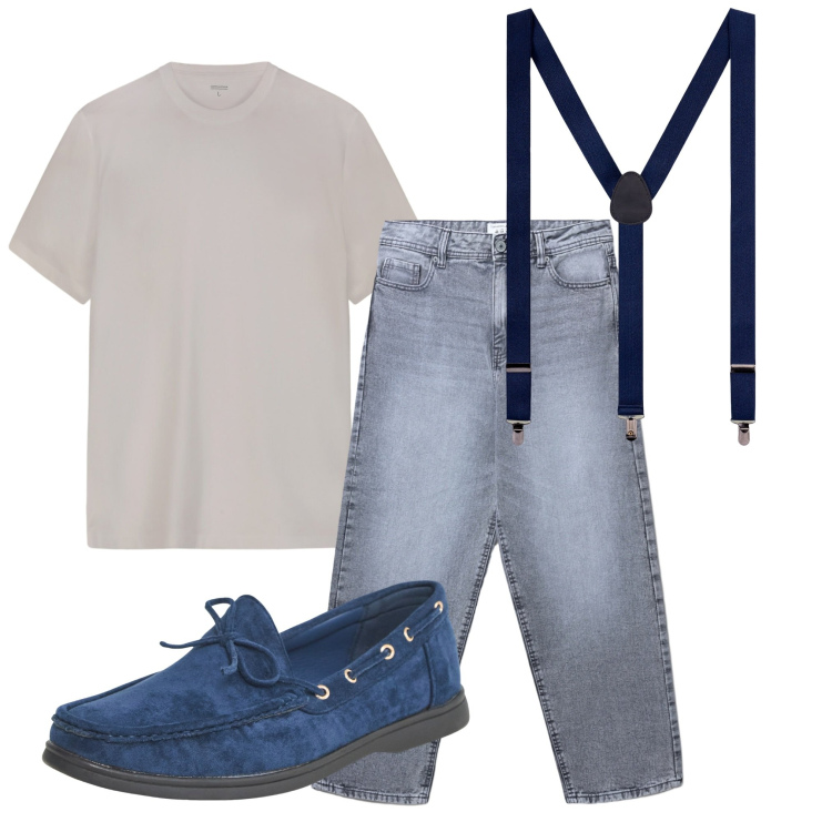 Outfit uomo - Con le bretelle. Stile Trendy per Tutti i giorni. Abbinamento con jeans, scarpe stringate, bretelle, t-shirt.