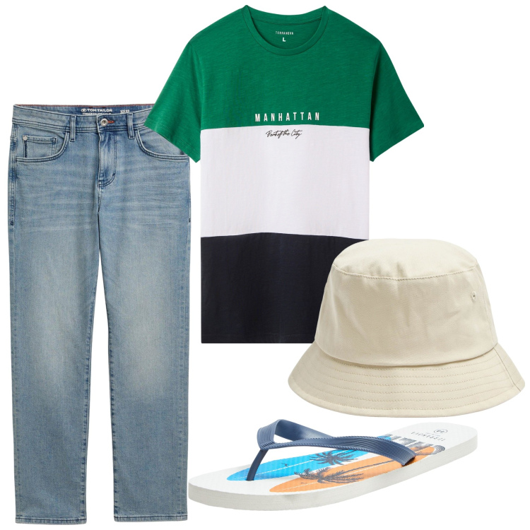 Outfit uomo - Una giornata in vacanza. Stile Trendy per Tutti i giorni. Abbinamento con jeans dritti, t-shirt, cappelli, sandali.