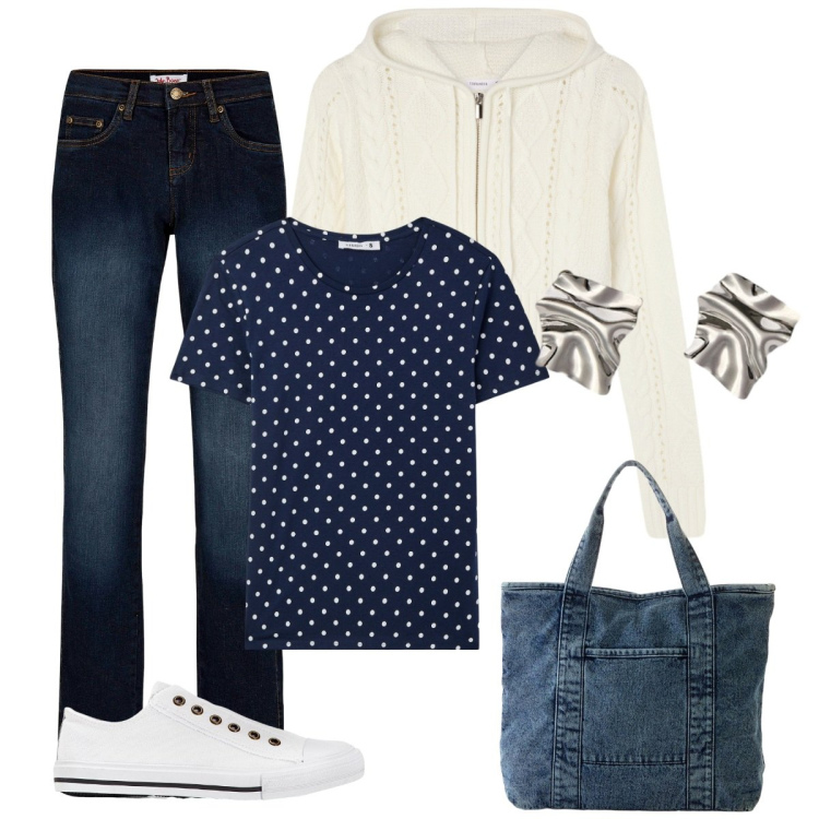 Outfit donna - Pois. Stile Casual chic per Ufficio. Abbinamento con jeans dritti, sneakers, shopping bag, cardigans, t-shirt, orecchini.