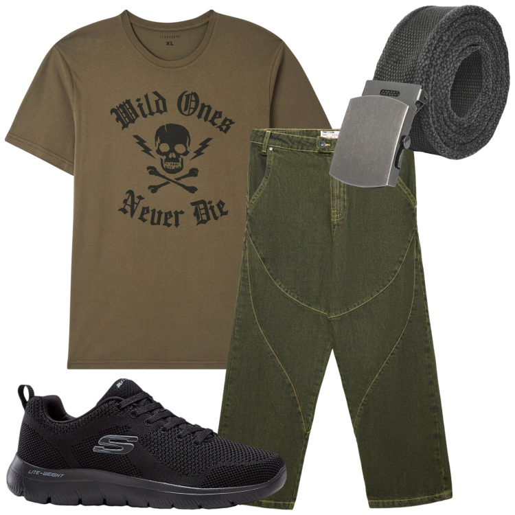 Outfit uomo - Come mi va. Stile Trendy per Tutti i giorni. Abbinamento con sneakers, t-shirt, cinture, jeans dritti.