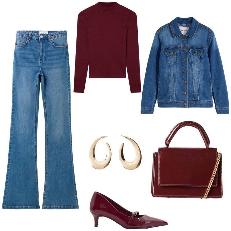 Outfit donna - Passeggiata autunnale. Stile Casual chic per Tutti i giorni. Abbinamento con blazer, orecchini, décolleté, borse a tracolla, jeans a zampa, t-shirt.