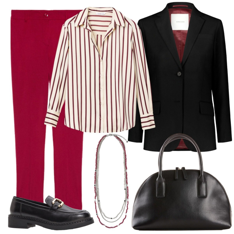 Outfit donna - Righe. Stile Basic per Ufficio. Abbinamento con mocassini, shopping bag, camicie, blazer, collane, pantaloni.