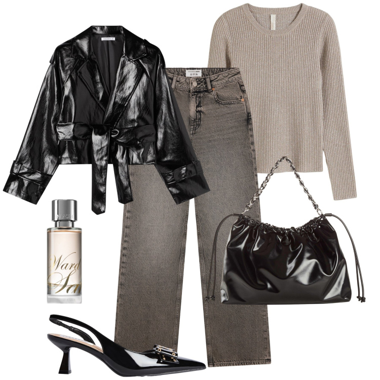 Outfit donna - Vernice nera urban style. Stile Urban per Tutti i giorni. Abbinamento con maglieria, shopping bag, profumi, giacche, jeans, décolleté.