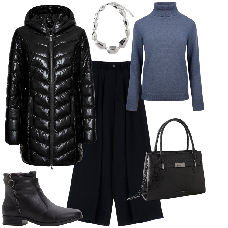 Outfit donna - Total look #2254611. Stile Minimal per Serata fuori. Abbinamento con giacche, borse a mano, stivaletti, pantaloni, maglieria, ciondoli.