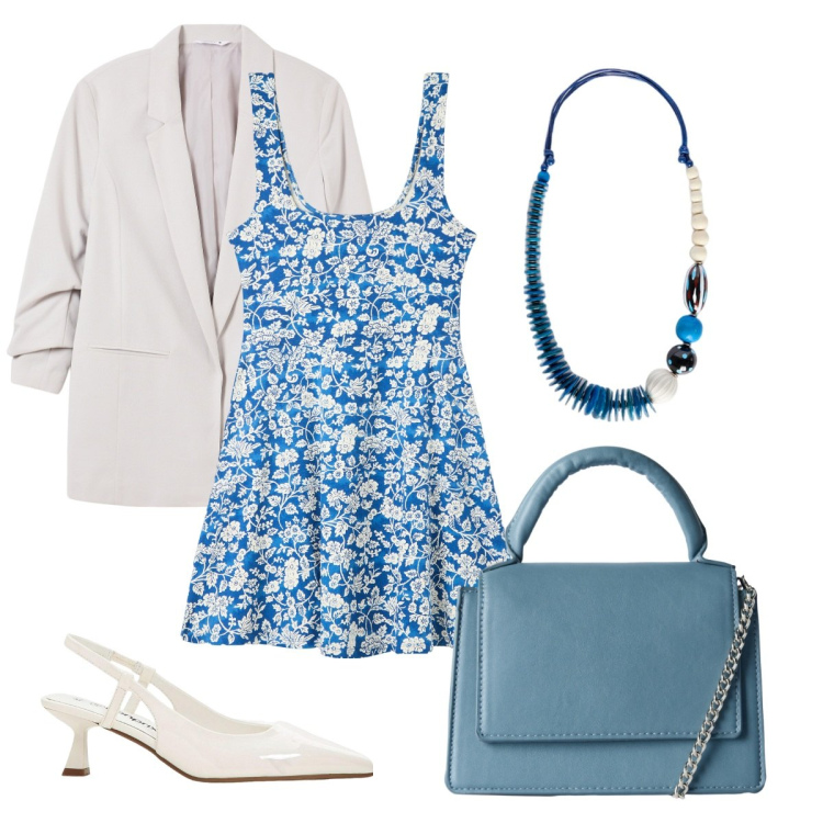 Outfit donna - L\'abito fiorato. Stile Basic per Ufficio. Abbinamento con décolleté, blazer, borse a tracolla, vestiti corti, collane.