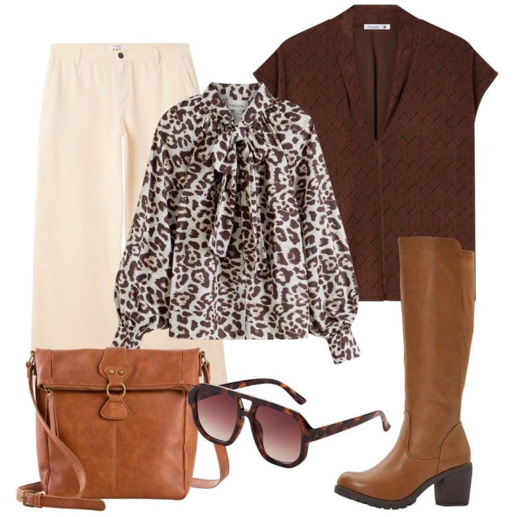 Outfit donna - Gilet e stivali. Stile Casual chic per Ufficio. Abbinamento con stivali, camicie, occhiali da sole, borse a tracolla, pantaloni, bluse.