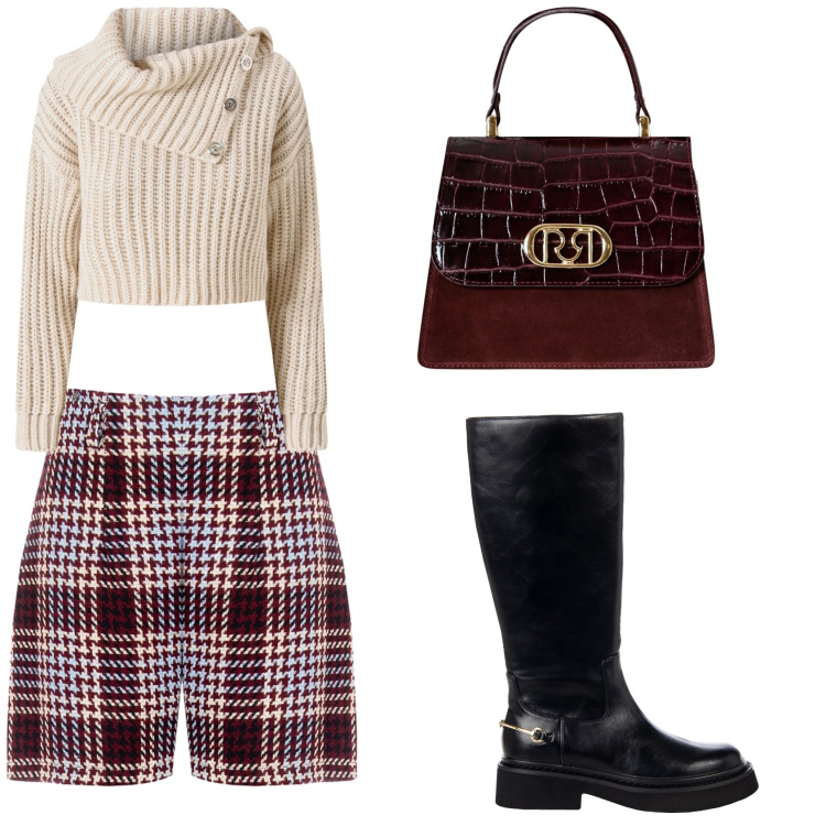 Outfit donna - Gli shorts Rinascimento. Stile Casual chic per Serata fuori. Abbinamento con shorts, maglieria, borse a mano, stivali sopra il ginocchio.