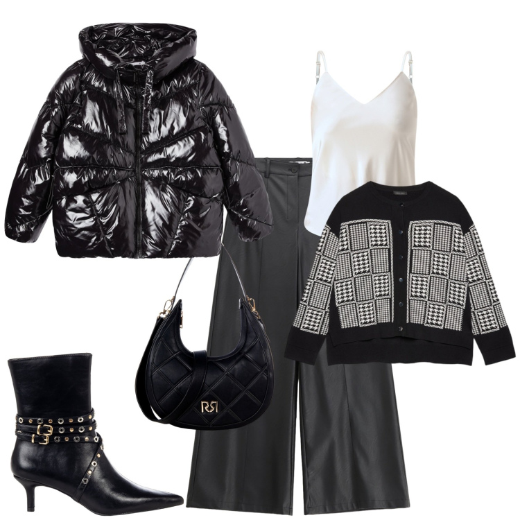 Outfit donna - Total look #2254616. Stile Chic per Serata fuori. Abbinamento con bomber, pantaloni, top, borse a tracolla, stivaletti, cardigans.
