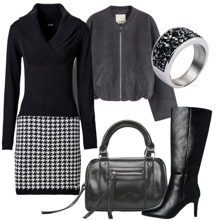 Outfit donna - L\'abito pied de poul. Stile Casual chic per Serata fuori. Abbinamento con vestiti, anelli, bomber, stivali sopra il ginocchio, borse a mano.