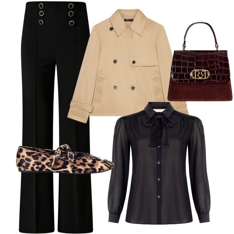 Outfit donna - Shopping. Stile Chic per Tutti i giorni. Abbinamento con pantaloni, ballerine, camicie, borse a mano, trench.