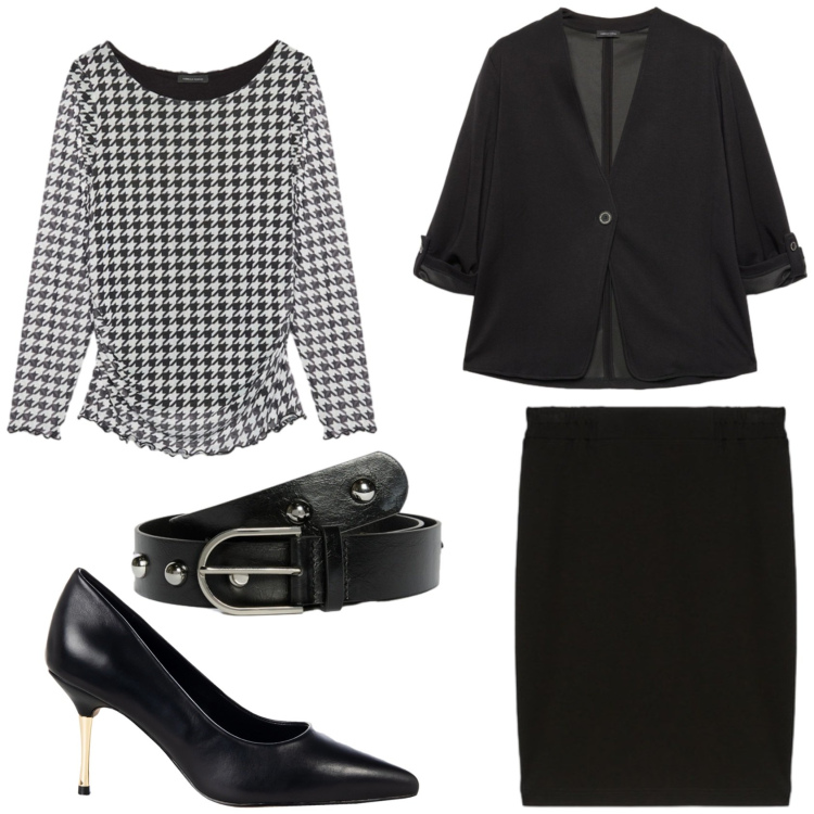 Outfit donna - Classica in Fiorella Rubino. Stile Bon Ton per Ufficio. Abbinamento con décolleté, bluse, blazer, cinture, gonne longuette.