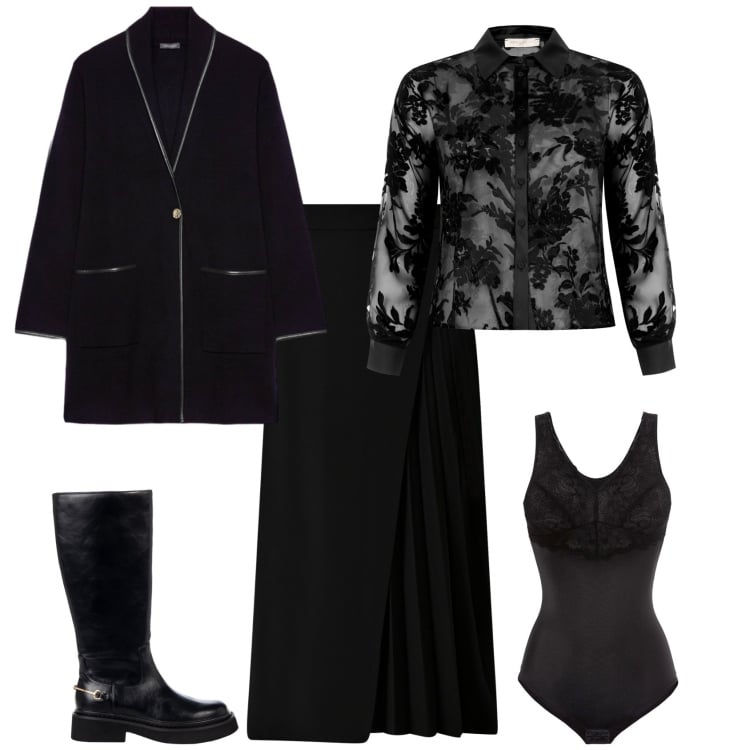 Outfit donna - Total look #2254620. Stile Glamour per Serata fuori. Abbinamento con body, gonne longuette, camicie, stivali sopra il ginocchio, cardigans.