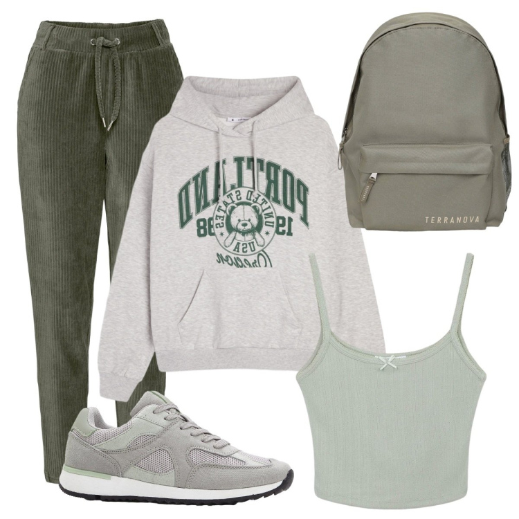 Outfit donna - Zaino in spalla. Stile Casual per Scuola/Università. Abbinamento con pantaloni, sneakers, zaini, felpe con cappuccio, magliette intime.