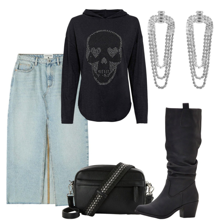 Outfit donna - Il teschio. Stile Casual chic per Serata fuori. Abbinamento con stivali, maglieria, borse a tracolla, orecchini, gonne longuette.