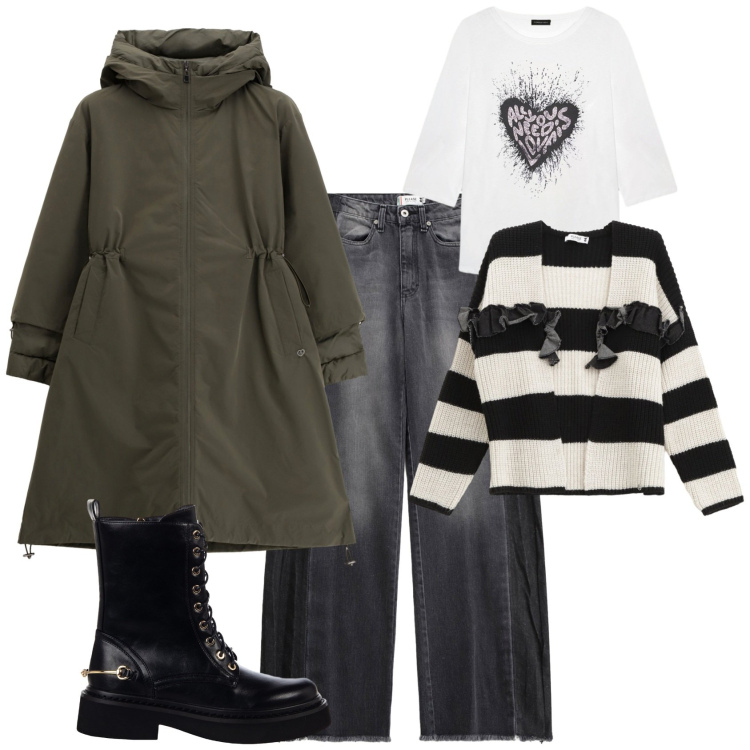 Outfit donna - Total look #2254629. Stile Urban per Tutti i giorni. Abbinamento con parka, cardigans, jeans, anfibi, t-shirt.