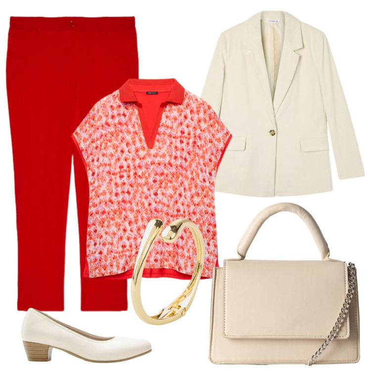 Outfit donna - In ufficio. Stile Basic per Ufficio. Abbinamento con décolleté, braccialetti, blazer, borse a tracolla, bluse, pantaloni.