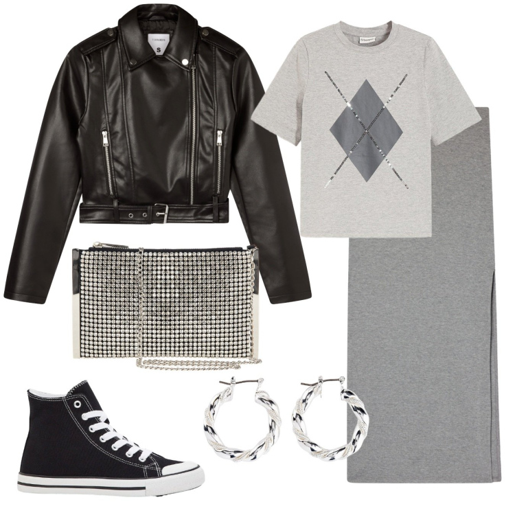 Outfit donna - Mix urban. Stile Urban per Tutti i giorni. Abbinamento con sneakers alte, orecchini, t-shirt, gonne lunghe, giacche, pochette.