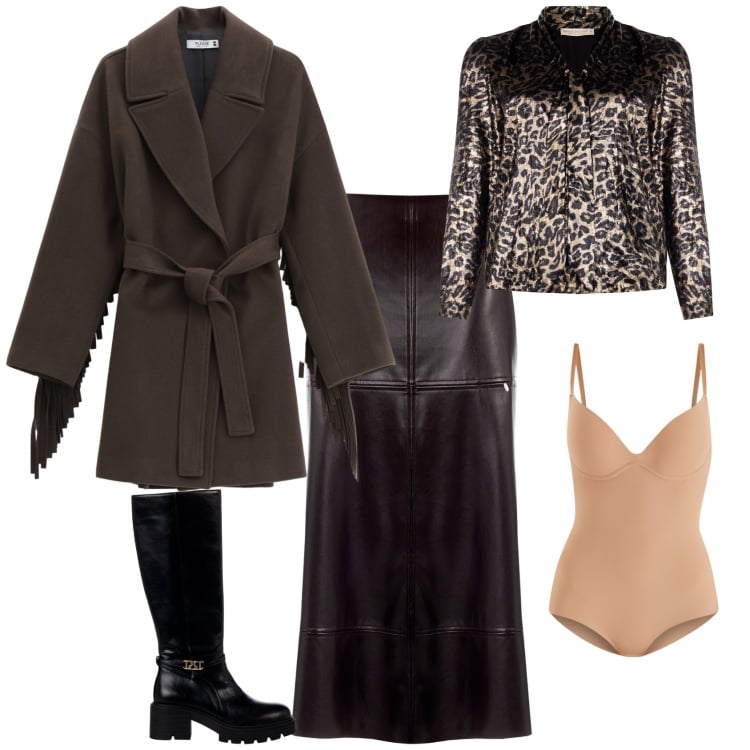 Outfit donna - Total look #2254634. Stile Glamour per Serata fuori. Abbinamento con cappotti, gonne longuette, stivali sopra il ginocchio, bluse, body.