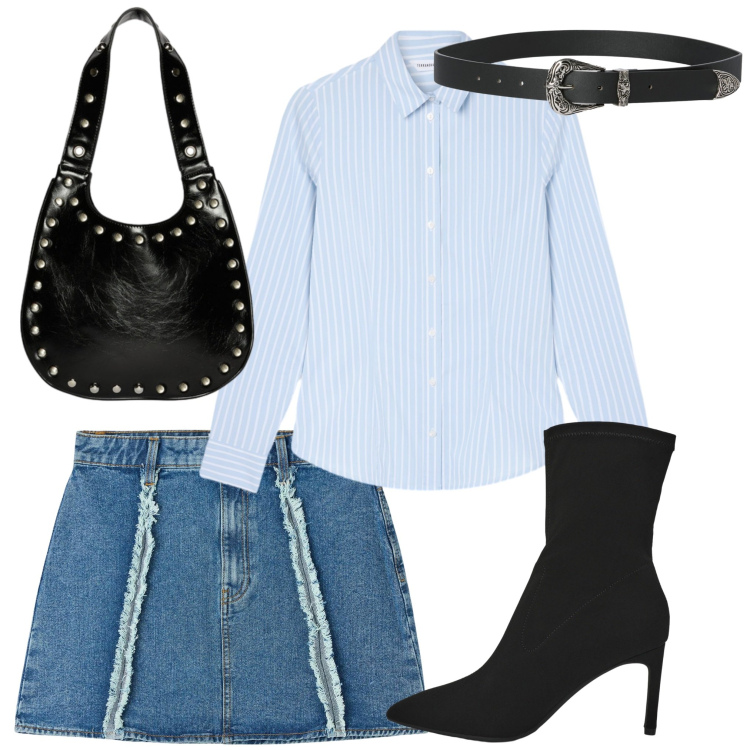 Outfit donna - Gonna jeans e camicia. Stile Casual per Tutti i giorni. Abbinamento con stivali, cinture, camicie, minigonne, borse a spalla.