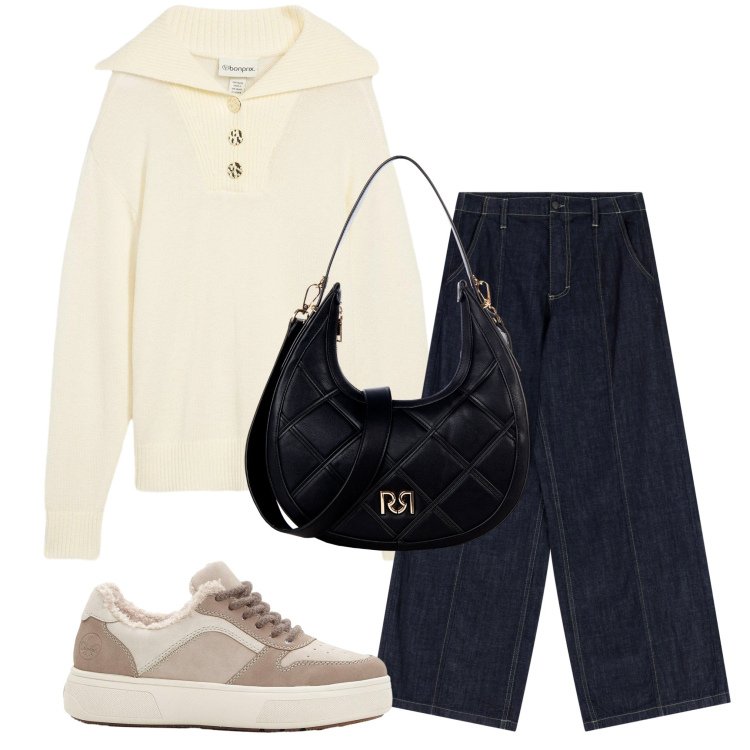 Outfit donna - Giornata in comodità. Stile Casual per Tutti i giorni. Abbinamento con maglieria, sneakers, jeans, borse a tracolla.