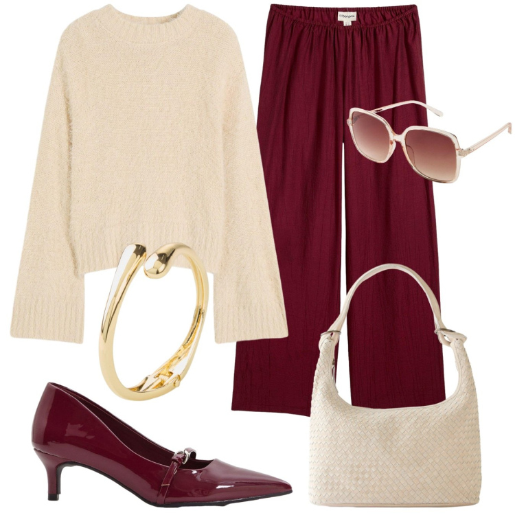 Outfit donna - Autunno Neutral by Nature. Stile Chic per Tutti i giorni. Abbinamento con pantaloni, occhiali da sole, maglieria, décolleté, shopping bag, braccialetti.