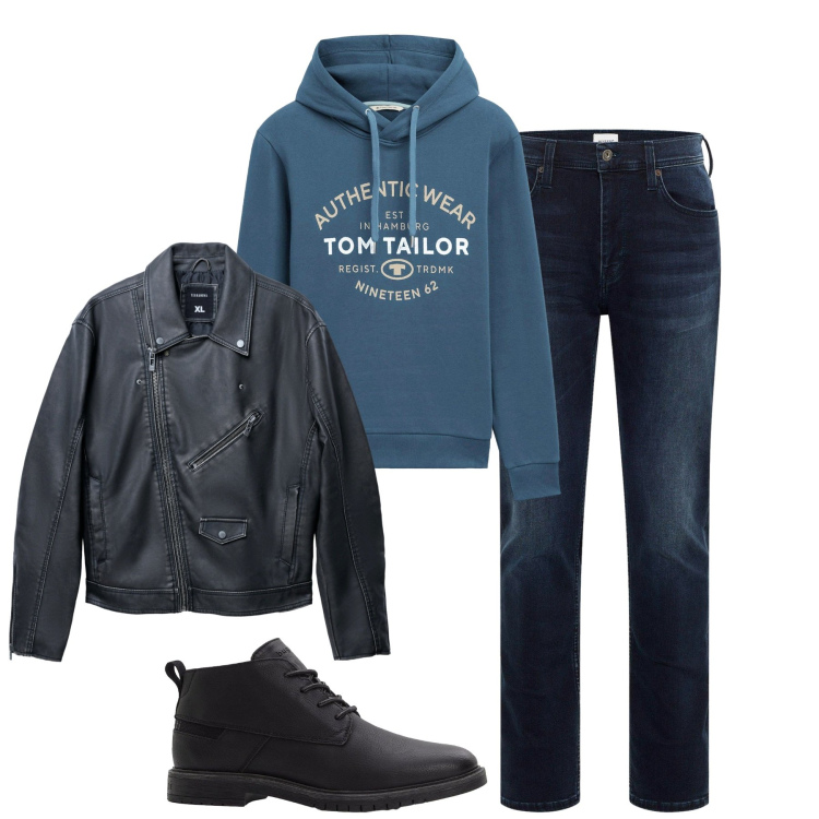 Outfit uomo - Fall. Stile Casual per Tutti i giorni. Abbinamento con jeans slim fit, stivali e stivaletti, felpe con cappuccio, giacche.