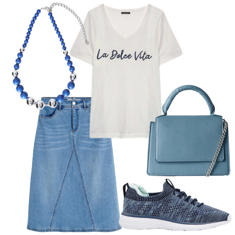 Outfit donna - La gonna lunga in jeans. Stile Basic per Tutti i giorni. Abbinamento con gonne, sneakers, borse a tracolla, collane, t-shirt.