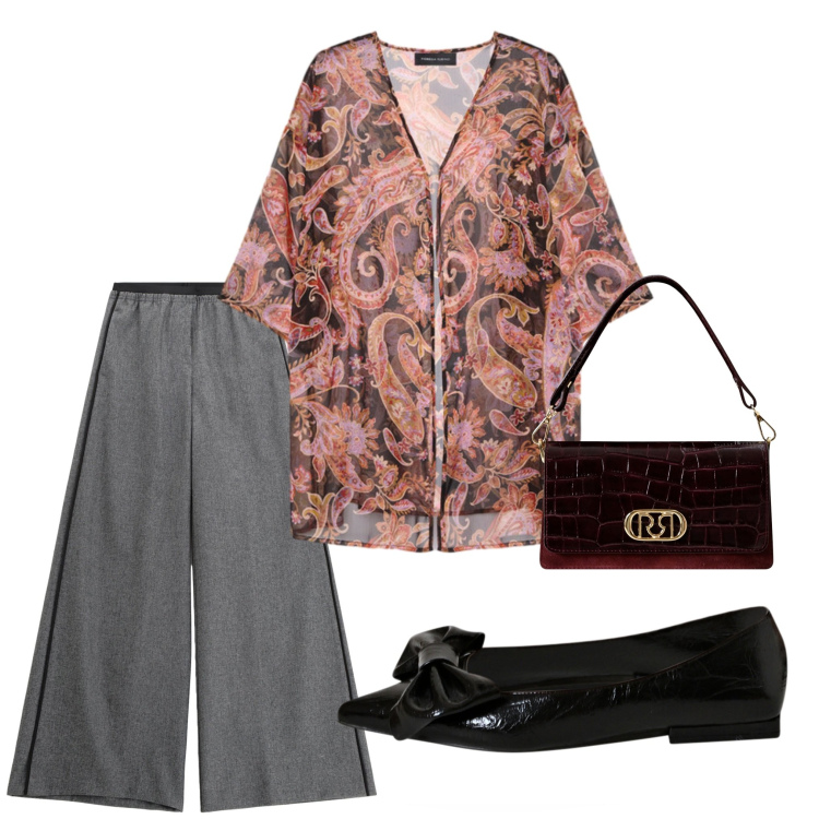 Outfit donna - La casacca fantasia. Stile Bon Ton per Tutti i giorni. Abbinamento con pantaloni, ballerine, borse a mano, kimono.