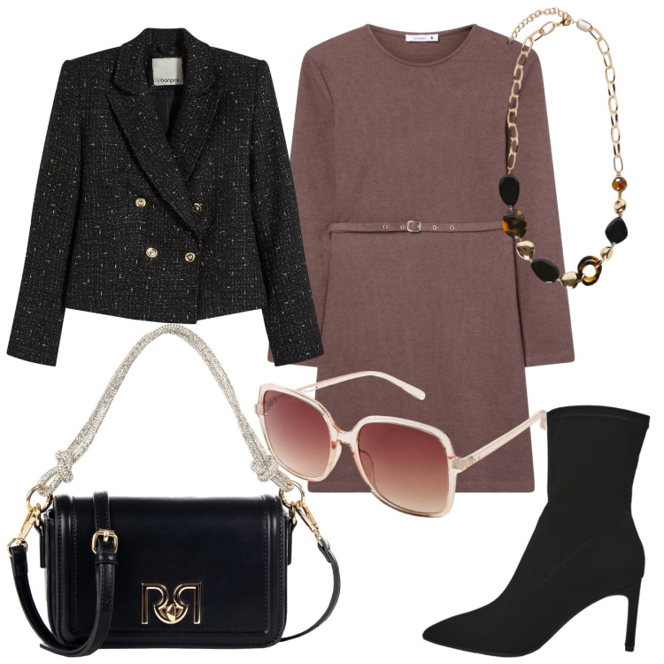Outfit donna - Total look #2254651. Stile Glamour per Tutti i giorni. Abbinamento con occhiali da sole, blazer, vestiti midi/longuette, stivali, borse a mano, collane.