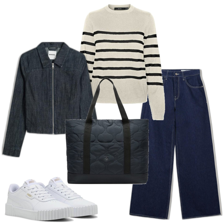 Outfit mujer - Basic look. Estilo Basic para Todos los días. Combinación con bolso tote, prendas de punto, blazers, sneakers, vaqueros.