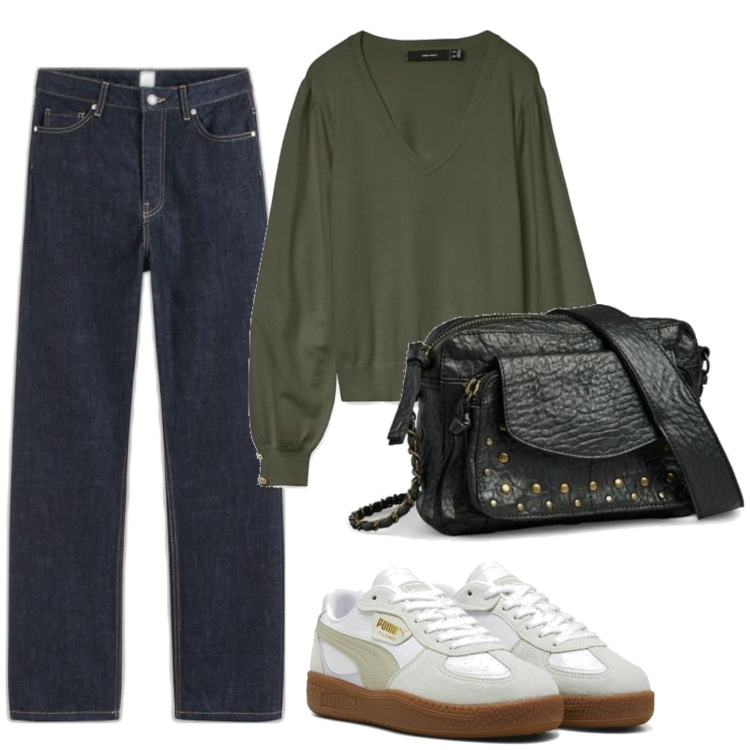 Outfit mujer - Urban style. Estilo Urban para Todos los días. Combinación con prendas de punto, bolsos de mano, sneakers, vaqueros rectos.