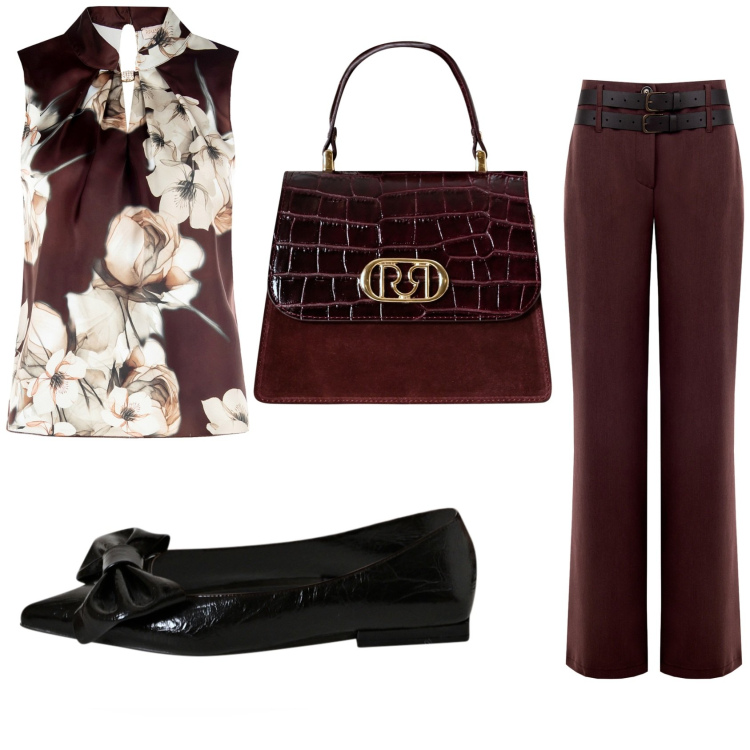 Outfit donna - Floreale in autunno. Stile Chic per Ufficio. Abbinamento con pantaloni, top, ballerine, borse a mano.