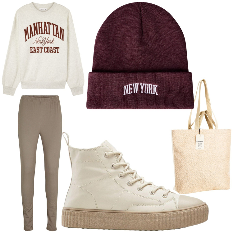 Outfit donna - Passeggiata a Central Park. Stile Sporty chic per Tutti i giorni. Abbinamento con leggings, sneakers alte, berretti, felpe, borse tote.