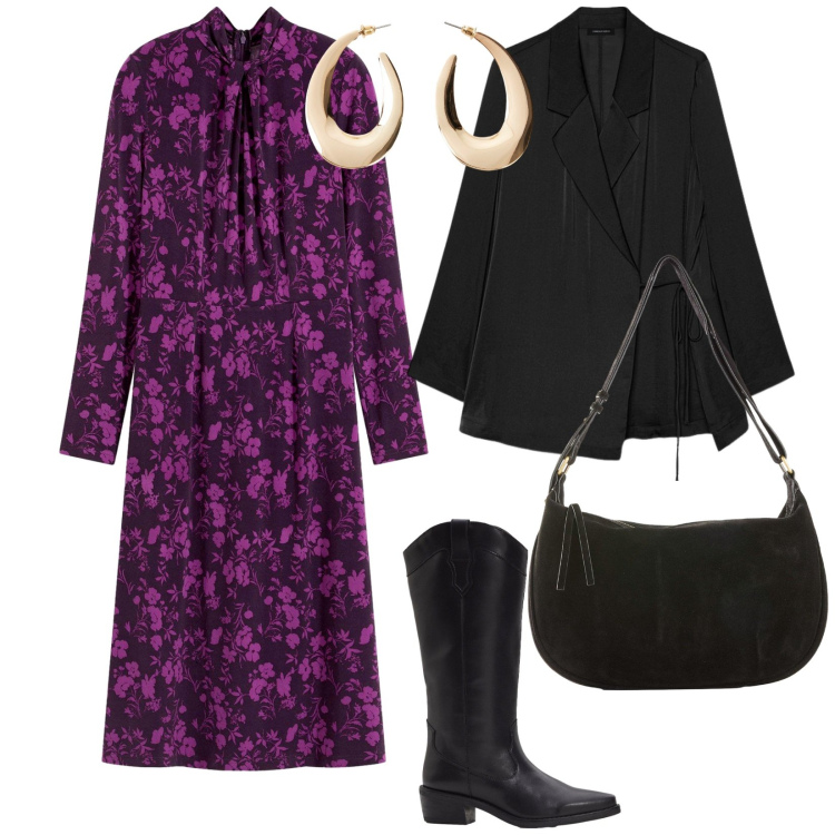 Outfit donna - Il vestito viola. per Tutti i giorni. Abbinamento con orecchini, borse a mano, stivali, vestiti midi/longuette, blazer.