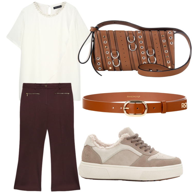 Outfit donna - Aperitivo. Stile Trendy per Tutti i giorni. Abbinamento con sneakers, borse a spalla, cinture, bluse, pantaloni.