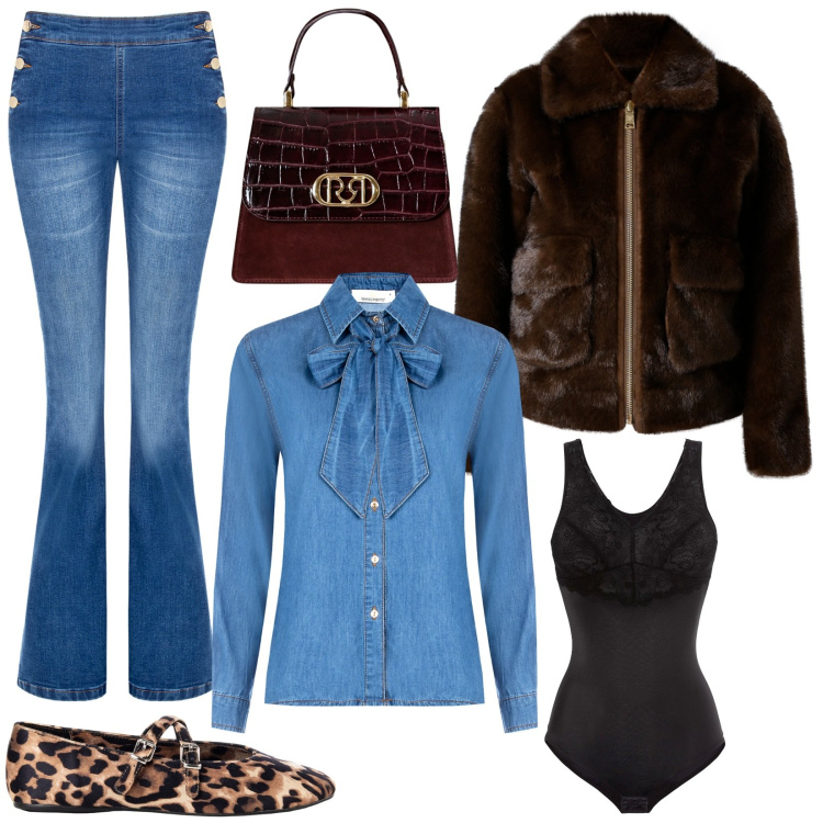 Outfit donna - Pantaloni e camicia in denim. Stile Casual per Tutti i giorni. Abbinamento con body, ballerine, jeans a zampa, camicie, borse a mano, ecopellicce.