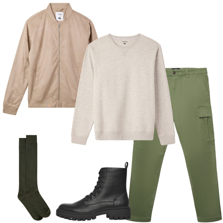 Outfit uomo - Total look #2254678. Stile Casual per Tutti i giorni. Abbinamento con bomber, anfibi, felpe, pantaloni cargo, calzini.