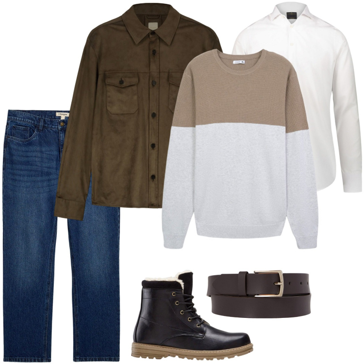 Outfit uomo - In centro con la famiglia. Stile Trendy per Tutti i giorni. Abbinamento con stivali e stivaletti, jeans dritti, maglieria, camicie, giacche, cinture.