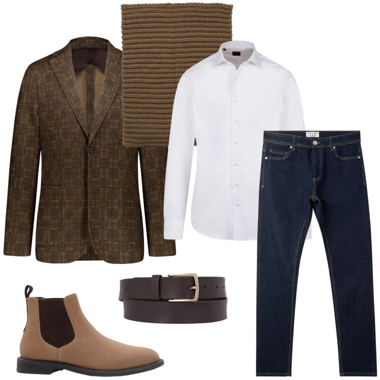 Outfit uomo - Business casual. Stile Casual per Ufficio. Abbinamento con stivali e stivaletti, jeans skinny, scaldacollo, giacche, cinture, camicie.