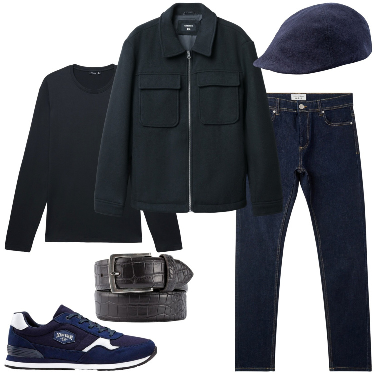 Outfit uomo - Total look #2254682. Stile Casual per Tutti i giorni. Abbinamento con sneakers, cappotti, t-shirt, jeans skinny, cappelli con visiera, cinture.
