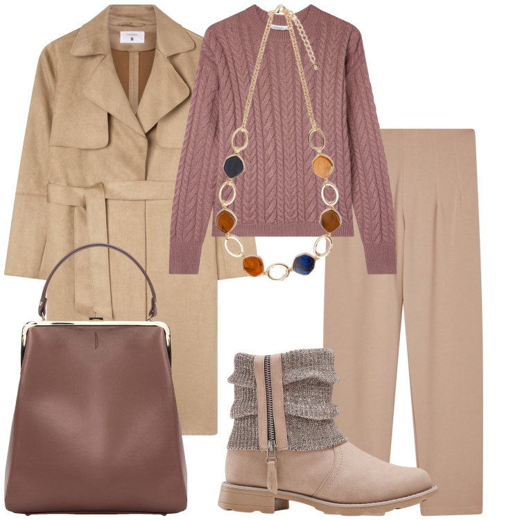 Outfit donna - Inizia la settimana lavorativa. Stile Urban per Ufficio. Abbinamento con stivaletti, pantaloni chino, maglieria, trench, borse a spalla, collane.