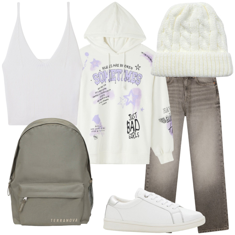 Outfit donna - Mini vacanza di fine settembre. Stile Casual chic per Tutti i giorni. Abbinamento con sneakers, felpe con cappuccio, jeans dritti, top, zaini, berretti.