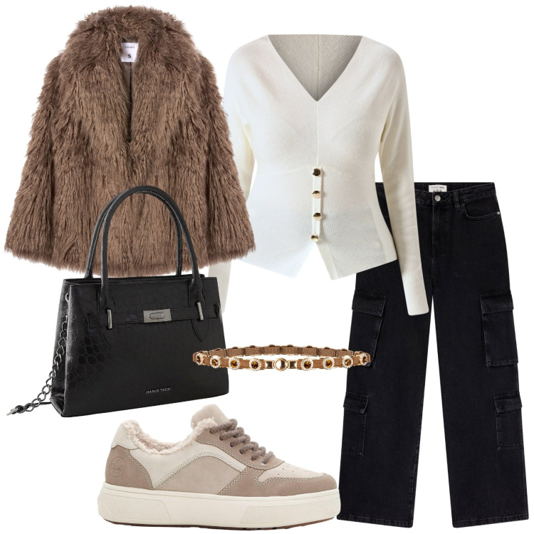 Outfit donna - La praticità e il comfort della mattina. Stile Casual per Tutti i giorni. Abbinamento con sneakers, borse a mano, ecopellicce, jeans, maglieria, cinture.