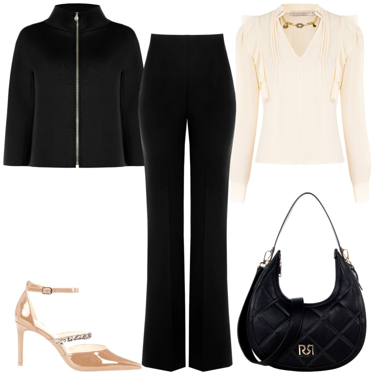 Outfit donna - Total look #2254711. Stile Chic per Cerimonia. Abbinamento con bluse, pantaloni, borse a tracolla, cappe, décolleté.